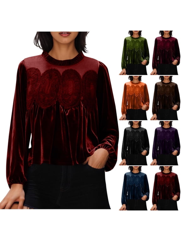 Women's Long Sleeve Top Velvet Trim Lace Blouse Elegant Flared Swing Top Round Neck Blouse Casual Wear