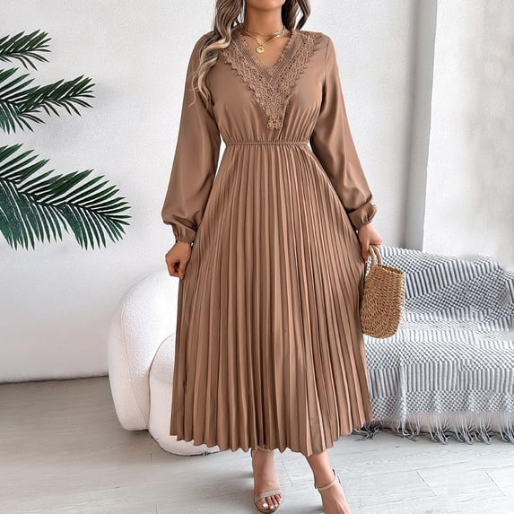 Zedker Women's Long Sleeve Wrap V Neck Dresses Wedding Guest Casual Pleated Midi Dress Ruffle Smocked Long Dress Plus Size Brown L