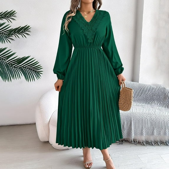 Zedker Women's Long Sleeve Wrap V Neck Dresses Wedding Guest Casual Pleated Midi Dress Ruffle Smocked Long Dress Plus Size Green L