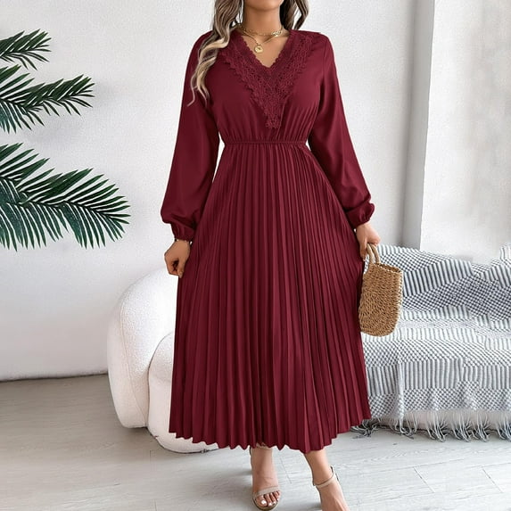 Zedker Women's Long Sleeve Wrap V Neck Dresses Wedding Guest Casual Pleated Midi Dress Ruffle Smocked Long Dress Plus Size Red M