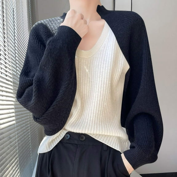Zedker Women's Open Front Cropped Cardigan Batwing Long Sleeve Ribbed Knit Bolero Shrugs Casual Soft Lightweight Sweaters,Plus Black L
