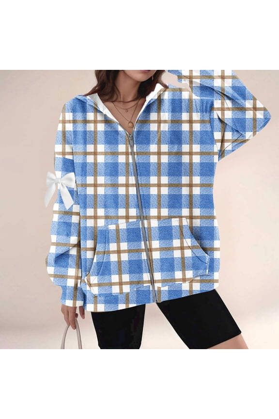 Women's Plaid Prints Casual Hooded Long Sleeve Kangaroo Pocket Jackets with Arm Bowknot, Comfy Zipper Fall and Winter Thermal Coats,Light Blue,S
