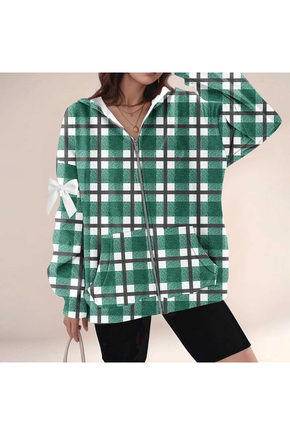 Women's Plaid Prints Casual Hooded Long Sleeve Kangaroo Pocket Jackets with Arm Bowknot, Comfy Zipper Fall and Winter Thermal Coats,Green,XXXL