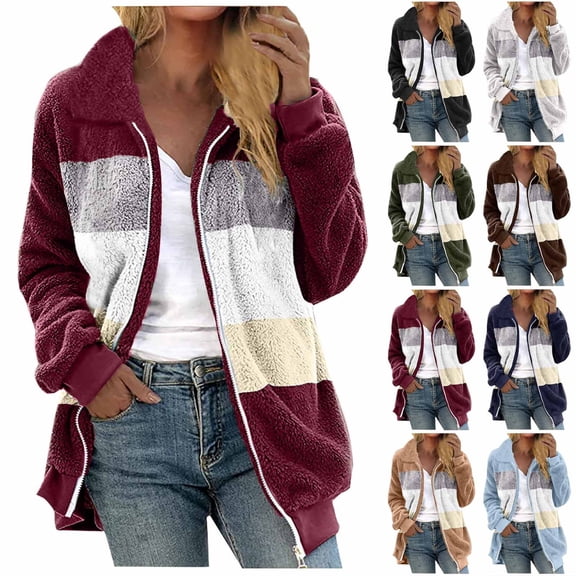 Zedker Women's Plus Size Fleece Jacket Patchwork Fluffy Sherpa Coat with Hood Winter Coats for Women Oversized Outerwear Black XL