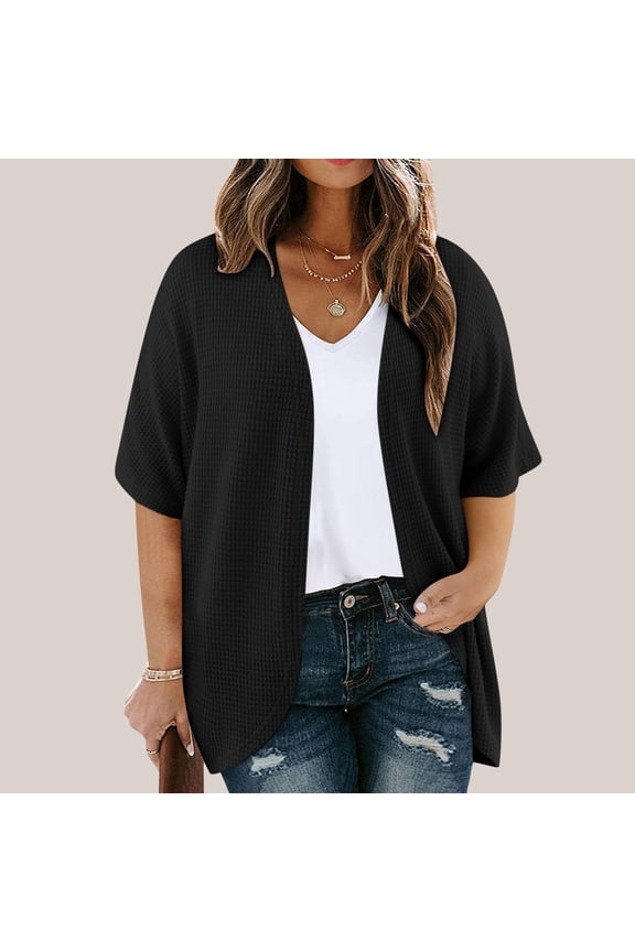 Women's Plus Size Short Sleeve Shawls and Wraps Lightweight Open Front Cardigan Jacket Coat Black XL