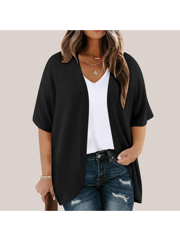 Women's Plus Size Short Sleeve Shawls and Wraps Lightweight Open Front Cardigan Jacket Coat Black XXL