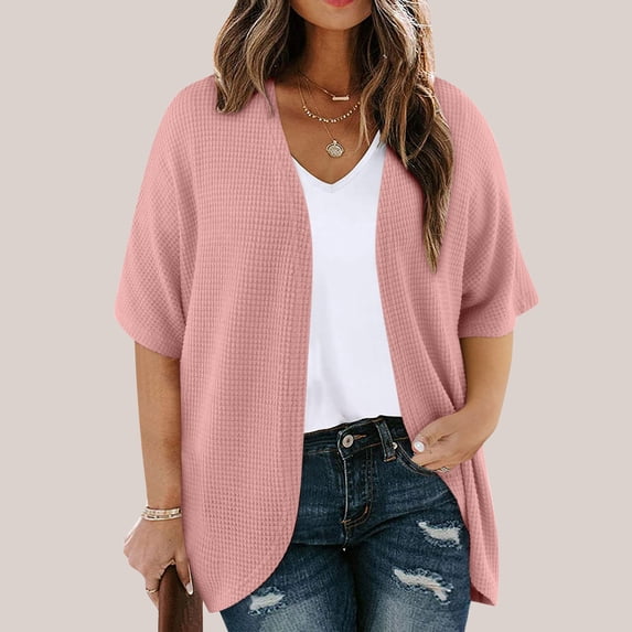 Zedker Women's Plus Size Short Sleeve Shawls and Wraps Lightweight Open Front Cardigan Jacket Coat Pink XXL