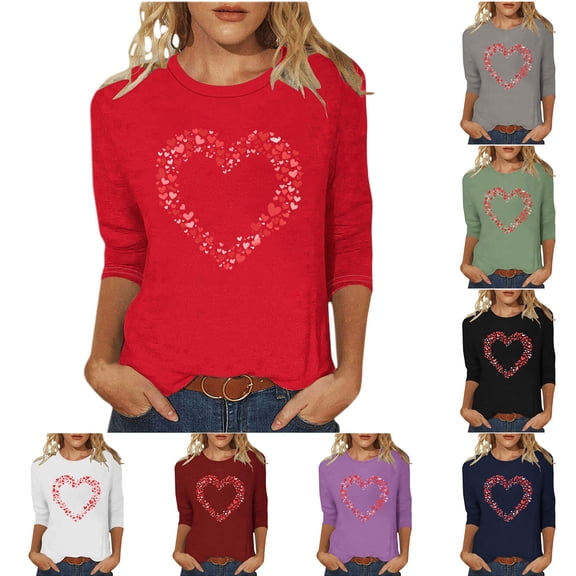 Zedker Women's Plus Size Tops, Love Letter Print T Shirt 3/4 Sleeve Tee for Women Ladies Valentine's Day Casual Printed Round Neck Three Quarter Sleeve T-Shirt Loose Tops Red S