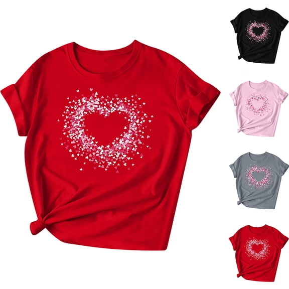 Zedker Women's Plus Size Tops, Women Cute Heart Graphic Tees Shirts Valentines Gifts Short Sleeve Crewneck Tee Tops Red S