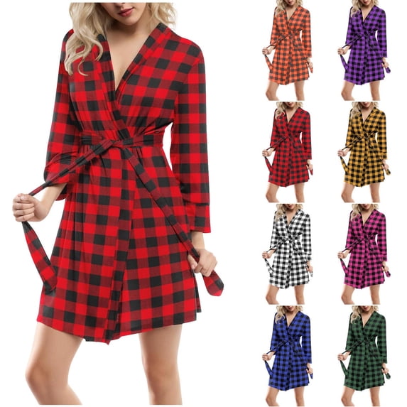 Zedker Women's Plus Size Women's Plaid Robe with Belt Long Sleeve Comfy Flannel Soft Nighgown Bathrobe for Women Short Length Robes for Women Green L