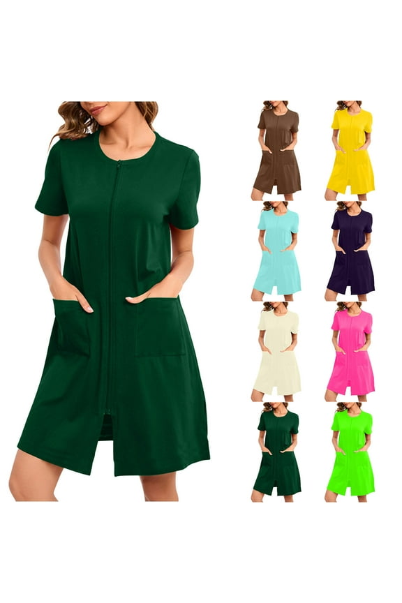 Women's Plus Size Womens Zip Up Robes Front Zipper Housecoat Short Sleeve Lounge Nightgowns Comfy Lightweight Bathrobes with Pockets Brown XL
