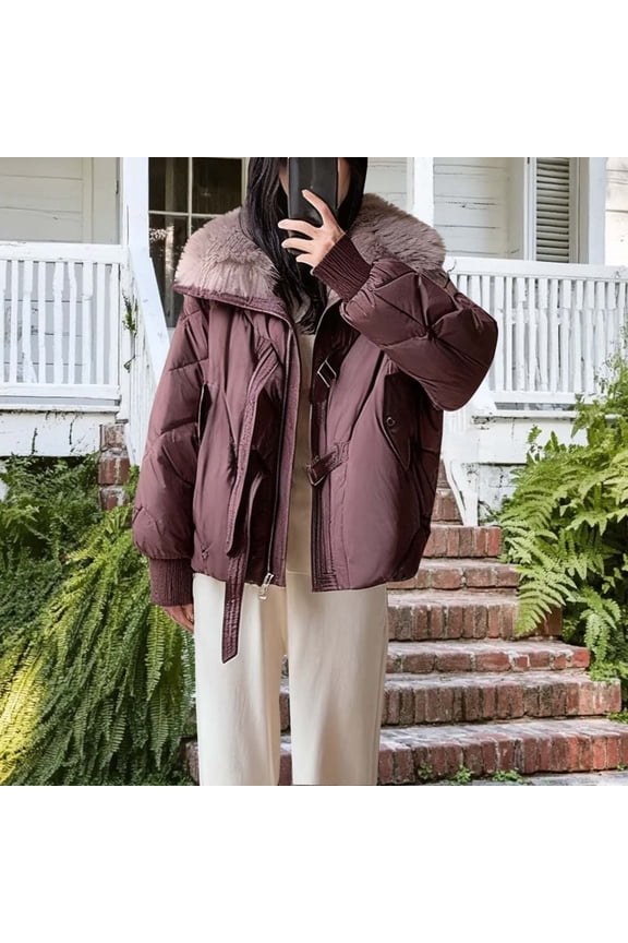 Women's Plushed Lapel Collar Long Sleeve Zipper Short Padded Jackets with Pockets,Comfy Thickened Winter Thermal Coats with Elastic Cuffs,Brown,M