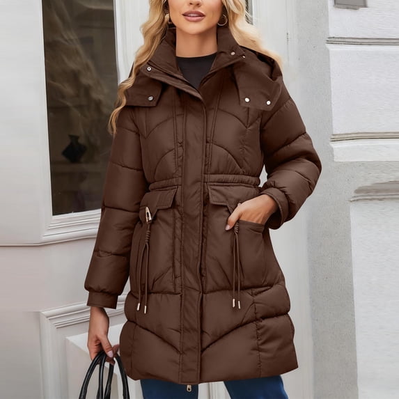 Zedker Women's Puffer Coat Waterproof Long Down Jacket,Warm Winter Hooded Thickened for Hiking Outdoor,Plus Size CoffeeXL