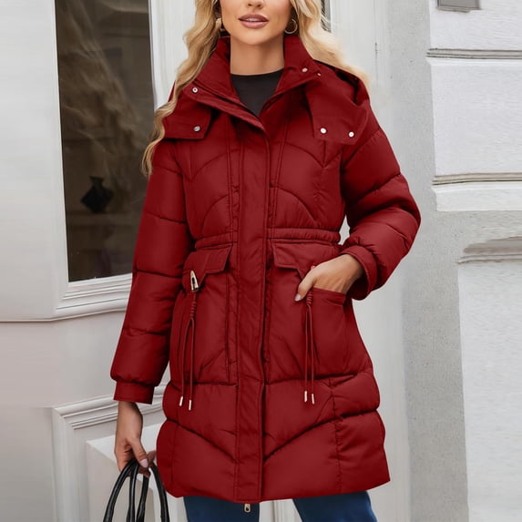 Zedker Women's Puffer Coat Waterproof Long Down Jacket,Warm Winter Hooded Thickened for Hiking Outdoor,Plus Size RedM