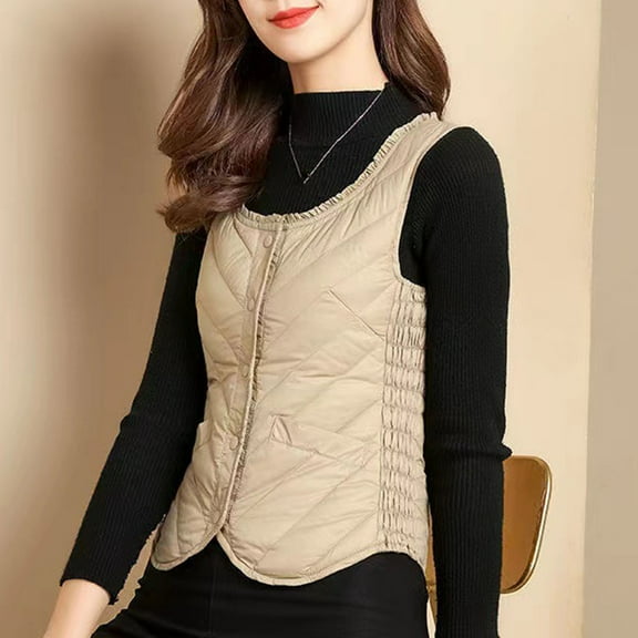 Zedker Women's Puffer Vest Square Collar Lightweight Gilet Quilted Zip Vest,Plus Size KhakiXL