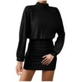 thumbnail image 1 of Zedker Women's Pullover Sweater Dress Long Lantern Sleeve Ribbed Knit V Neck Ruched Bodycon Mini Dress 2025 Fashion Dress For Women Plus Size Black S, 1 of 6