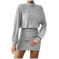 thumbnail image 1 of Zedker Women's Pullover Sweater Dress Long Lantern Sleeve Ribbed Knit V Neck Ruched Bodycon Mini Dress 2025 Fashion Dress For Women Plus Size Gray XL, 1 of 8