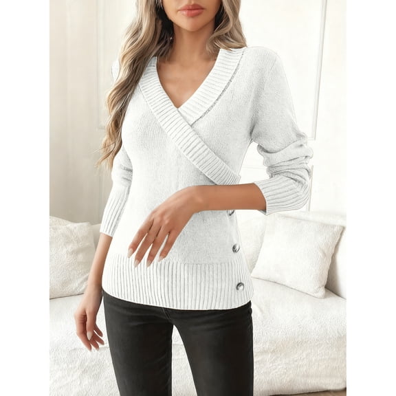 Zedker Women's Pullover Sweaters Slim Fit Casual Faux Wrap Lace Up Long Sleeve Sweaters White S
