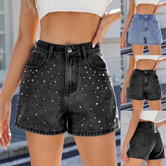 Zedker Women's Rhinestone Denim Shorts High Waist Jean Short Y2K Summer Casual Jean Shorts Trendy 2026 Jorts Black L