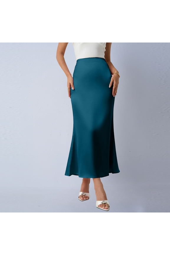 Women's Satin High-Waisted Slim Maxi Skirts Casual Solid-Color Maxi Pencil Skirts with Flare Hemline,Navy,S