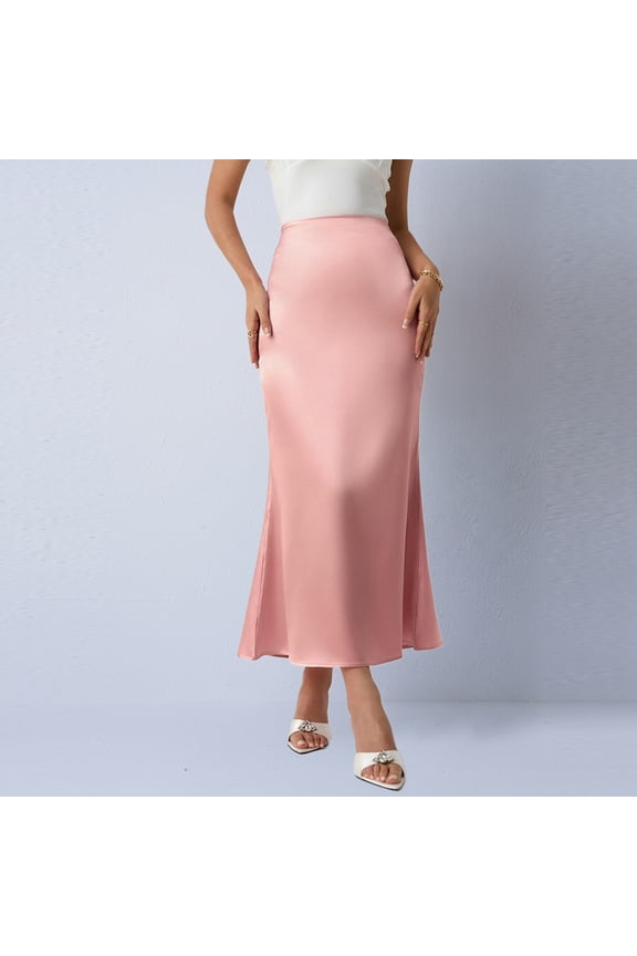 Women's Satin High-Waisted Slim Maxi Skirts Casual Solid-Color Maxi Pencil Skirts with Flare Hemline,Pink,XXL
