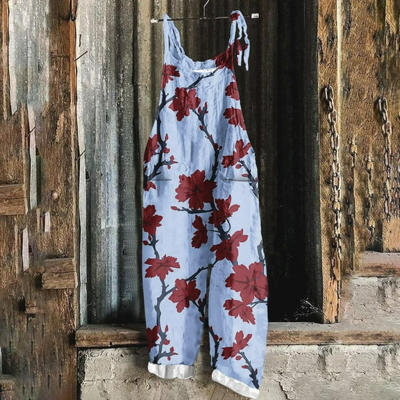 Zedker Women's Sleeveless Jumpsuit, Fashion Print Patterns Romper with Pockets, Casual Vacation Loungewear Sling Catsuits,Blue,L