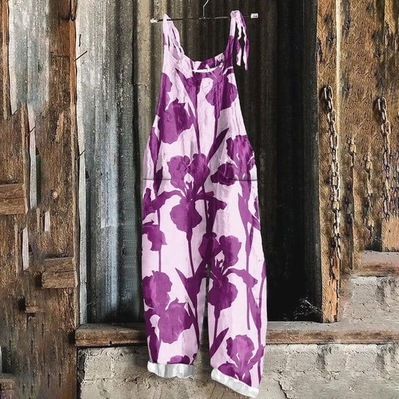 Zedker Women's Sleeveless Jumpsuit, Fashion Print Patterns Romper with Pockets, Casual Vacation Loungewear Sling Catsuits,Pink,L