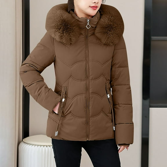 Zedker Women's Soft Plushed Collar Casual Hooded Long Sleeve Padded Jackets, Comfy Thicken Thermal Winter Outerwears with Pockets,Coffee,XL