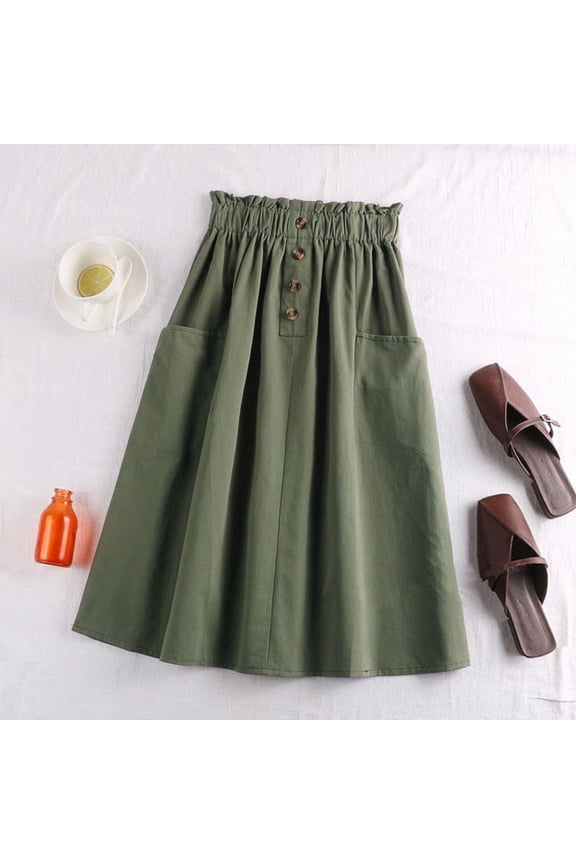 Women's Solid Color Elastic Waist Flax Button Skirt with Pocket Casual Pleated Midi Skirts for Springtime and Summer,Army Green,Free Size