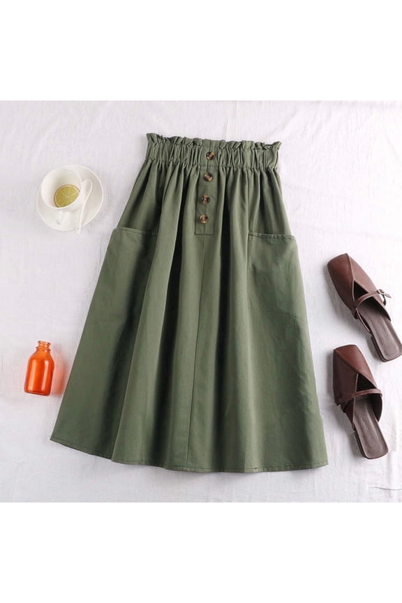 Women's Solid Color Elastic Waist Flax Button Skirt with Pocket Casual Pleated Midi Skirts for Springtime and Summer,Army Green,Free Size
