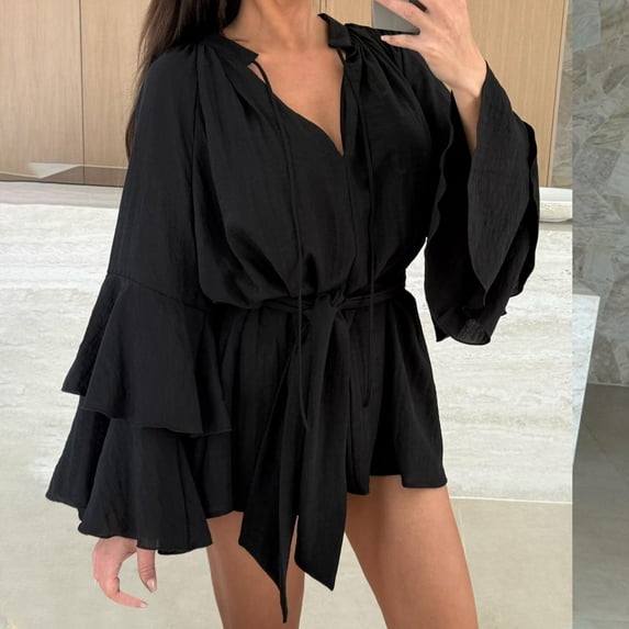 Zedker Women's Solid Color Mini Dresses Summer V-Neck Short Ruffle Hem Short Wrap Dresses, Plus Size BlackM