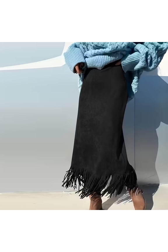 Women's Solid Color Zipper Slim Skirts, Hemline with Fringe, Casual and Versatile Midi Skirts for Party,Black,L