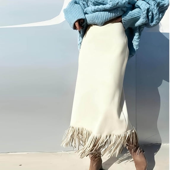 Zedker Women's Solid Color Zipper Slim Skirts, Hemline with Fringe, Casual and Versatile Midi Skirts for Party,White,M