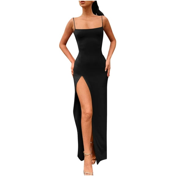 Zedker Women's Spaghetti Strap Bodycon Maxi Dress Long Formal Thigh-high Slit Club Wedding Guest Black Plus L