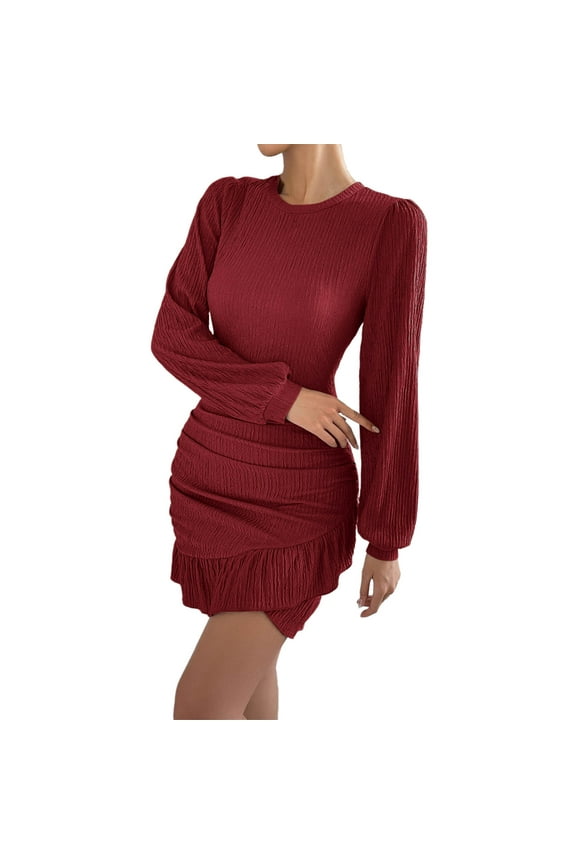 Women's Spring Fall Ruched Bodycon Mini Dress Long Puff Sleeve Ruffle Fitted Cocktail Party Dresses, Plus Size WineXXL