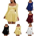 thumbnail image 1 of Zedker Women's Square Neck Long Sleeve Mini Dress Ruched Corset Waist Tiered Ruffle Hem A Line Short Party Dresses, 1 of 9