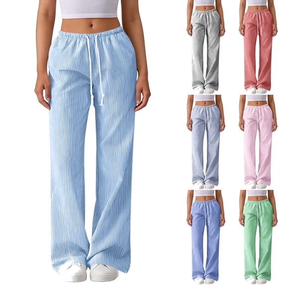 Zedker Women's Striped Wide Leg Linen Pants Elastic Waist Drawstring with Pockets Casual Lounge PJ Beach Pants for Summer Red L