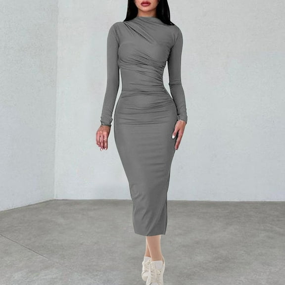 Zedker Women's Turtleneck Long Sleeve Elegant Bodycon Party Long Dress, Plus Size GrayL