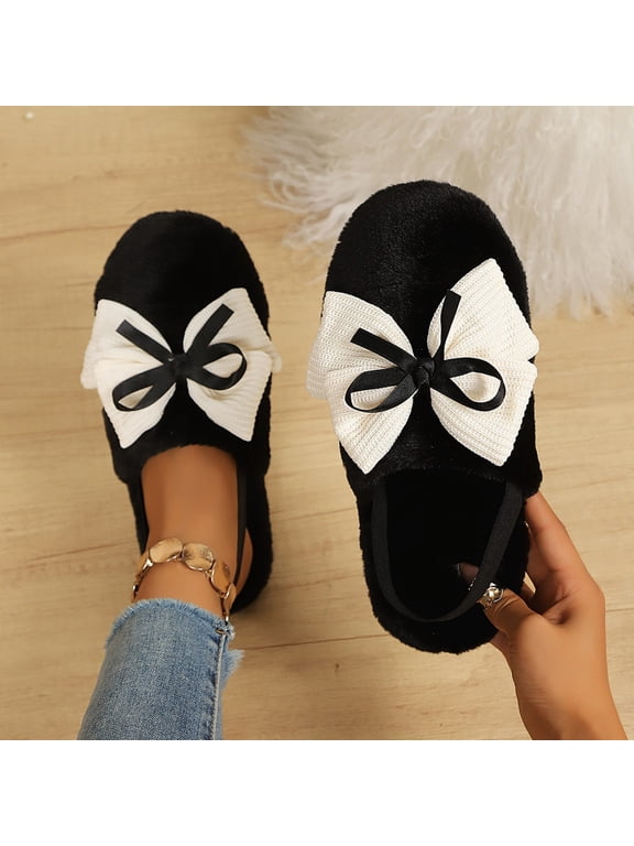 Women's Two-Tone Bow Plush Slippers, Cute Stretchy Back Strap, Round Toe Flat Sole, Stylish Winter Indoor Outdoor House Shoes for Ladies