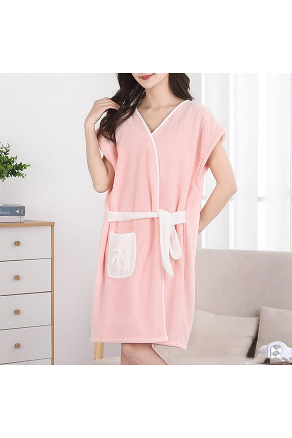 Women's V-Neck Sleeveless Sleepwear Robes with Pockets Casual Drop Shoulder Belt Bathrobes Comfy Loose Loungewear,Pink,Free Size