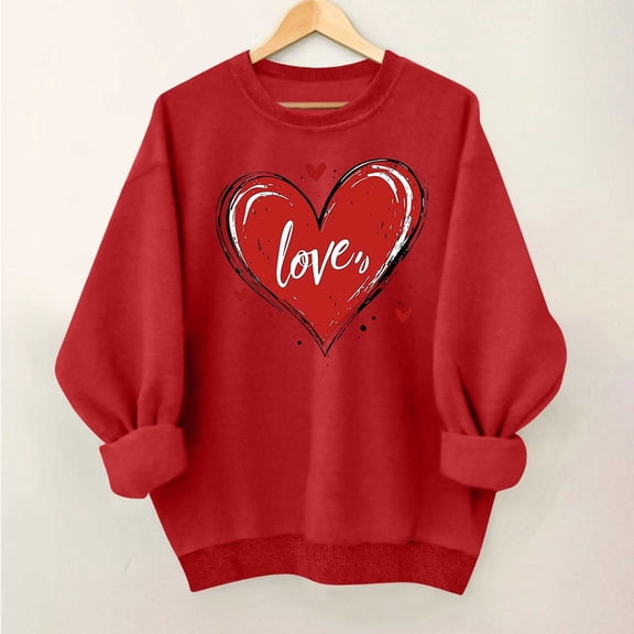 Zedker Women's Valentines Day Sweatshirt Heart Print Sweater Tops Women Long Sleeve Crewneck Oversized Pullover Tops for Holiday Gifting & Daily Wear Red L
