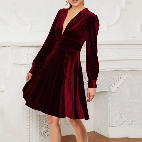 Zedker Women's Velvet Long Sleeve Formal Fall Wedding Guest Dresses for Women Vintage Cocktail Holiday Party Midi Dress Plus Size Red L