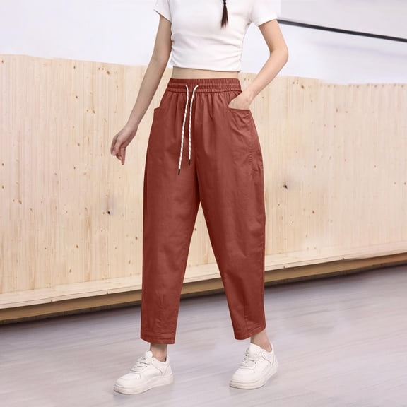 Zedker Women's Wide Leg Pants Loose Comfy Drawstring Paper Bag Style with Pockets, Plus Size Red XXL