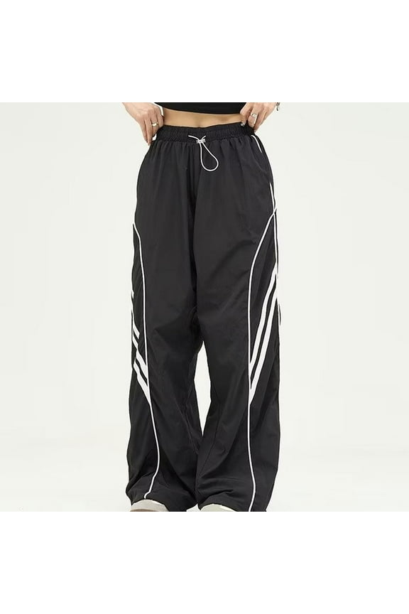 Zedker Women's Wide Leg Track Pants Baggy Y2k High Waisted Dance Sweatpants, Plus Size Black L
