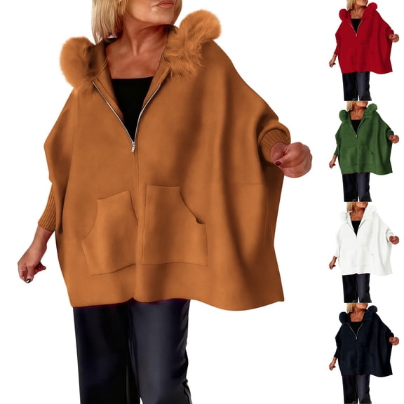 Zedker Women's Winter Coat Winter Warm Loose Plush Zip Hooded Jacket Coat Plush Casual Knit Hooded Coat Pink L