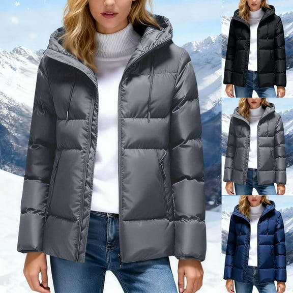Zedker Women's Winter Coat Winter Warm Loose Plush Zip Hooded Jacket Coat Waterproof Quilted Jacket Black L