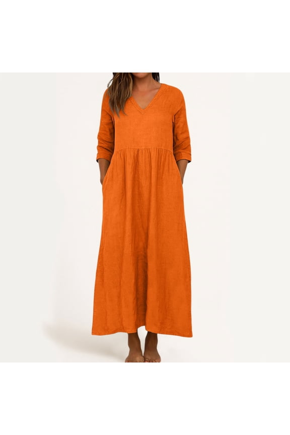 Womens 2025 Boho Floral Long Sleeve Maxi Dress V Neck Empire Waist Fall Wedding Guest Dresses, Plus Size Orange L