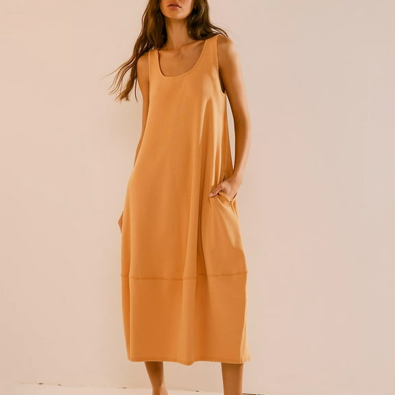 Zedker Womens 2025 Crew Neck Sleeveless Flowy Swing Midi Dress Wedding Guest Prom Cocktail Party Dress, Plus Size OrangeM