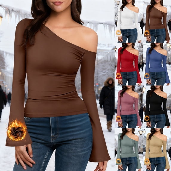 Zedker Womens 2025 Fall Fashion Long Sleeve Shirts for Women Double Lined Casual Slim Fitted Off The Shoulder Tops Blue L
