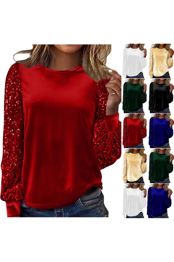 Womens 2026 Fashion Crewneck Sequin Long Sleeve Casual Patchwork Sparkle Shimmer Pullovers Sweaters Red, Size S-XXL